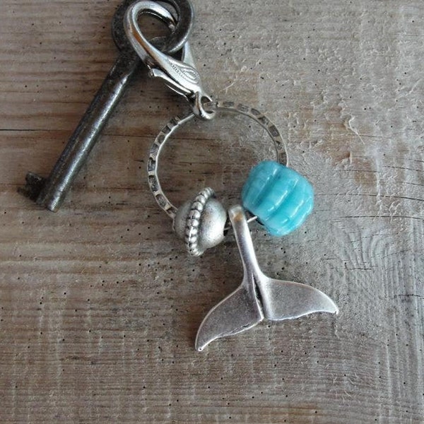 Whale tail Key chain / Bag Adornment - Nautical Keyring Beach Accessory Glass and Metal