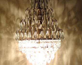Vintage 1950s Crystal Chandelier: Brass Pendant Ceiling Light