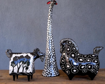Artisan Pottery Animal Figurines: Earthenware Horse, Giraffe, Goat - Vintage Decor