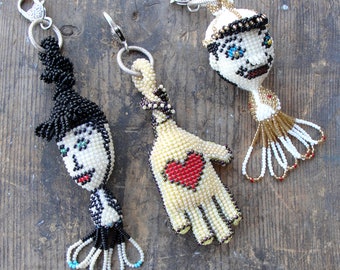 Fun Beaded Faces and Hand Keychain / Bag Ring