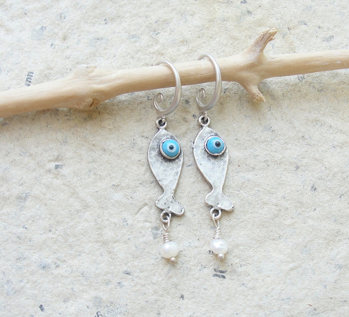 Evil Eye Earrings Fish and Pearl Pisces Jewelry - Etsy