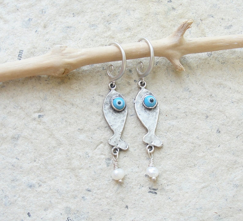 Evil Eye Earrings Fish and Pearl Pisces Jewelry - Etsy