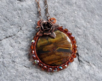 Tiger Eye Necklace - Wire wrapped Copper Gemstone Jewelry