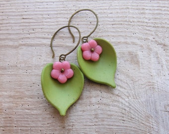 Green Pink Leaf Earrings Resin and Glass Floral Jewelry