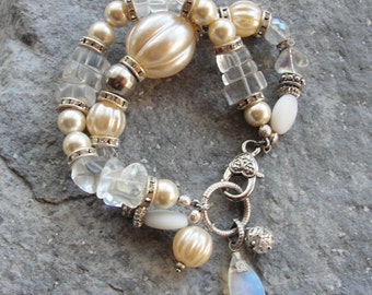 White Chunky Bracelet - Pearls and Crystals Layer Statement Bohemian Bracelet