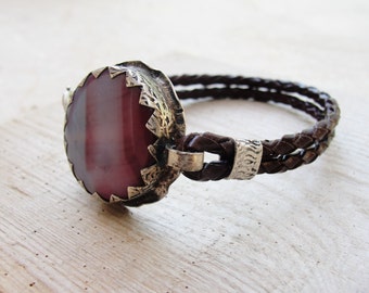 Leather Agate Bracelet - Rustic Gemstone Jewelry Leather and Metal