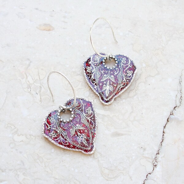 Red Enamel Heart Earrings Art Nouveau