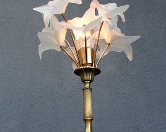 Frosted Murano Flower Table Lamp: Handmade Glass & Brass, 1960s Bohemian Lighting