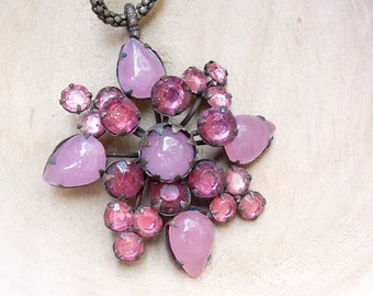 Vintage Flower Necklace Rhinestones and Glass Floral Flower Woodland Necklace