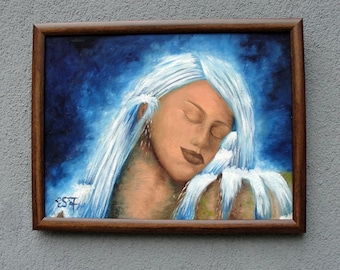 Waterfalls Portrait Original Oil Painting Water Goddess Fraed and Signed Artwork