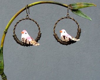 Birds on a Hoop Earrings, Cute Statement Earrings, Brass Lightweight Hoops