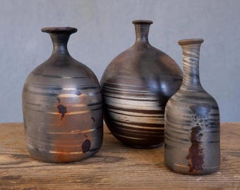 Earthenware Pottery Bud Vase Trio: Signed Studio Pottery, Rustic Decor