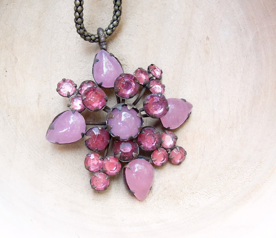 Vintage Flower Necklace Rhinestones and Glass Floral Flower Etsy