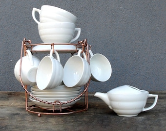 Vintage Art Deco Porcelain Tea Set with Copper Rack, Spain 1930s