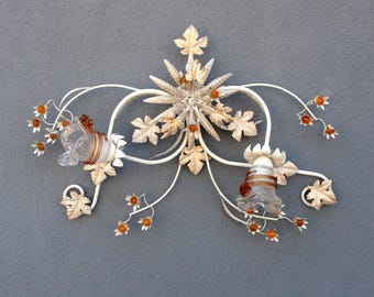 Vintage Tole Floral Chandelier: Cottage Chic Leaf Lamp, 1970s
