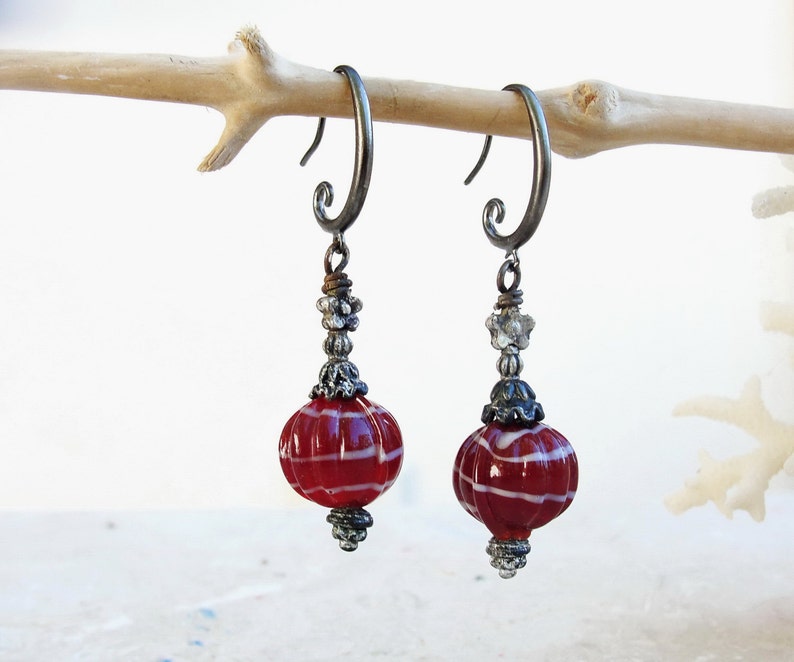 Deep Red Earrings Lampwork and Gunmetal image 2