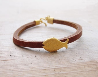 Gold plated Fish Leather Bracelet - Nautical Bracelet Beach Jewelry Leather and Metal