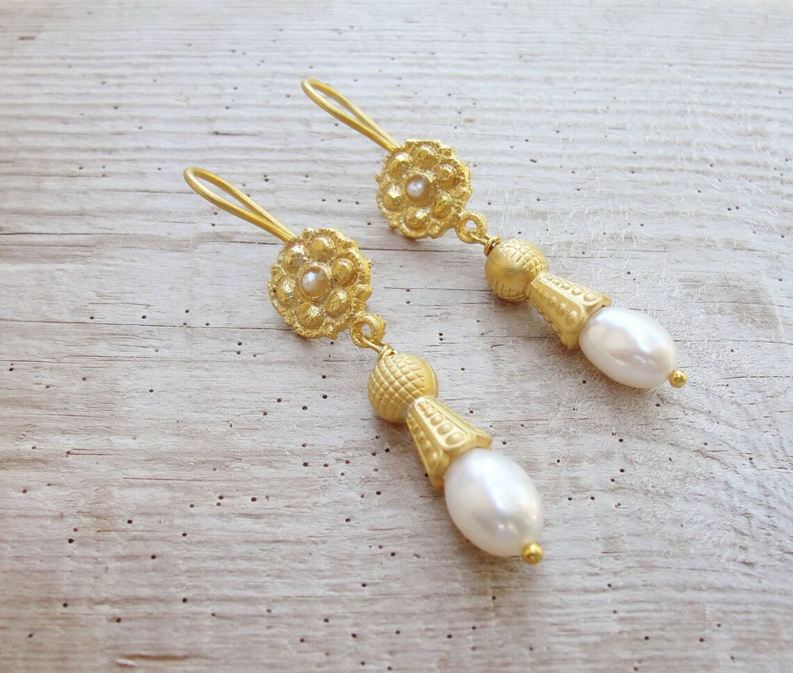 Gold Plated Pearl Stone 5 Inches Long Earring