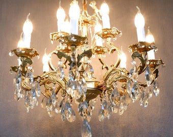 1920s Crystal Chandelier: Antique Brass Cherub Ceiling Light