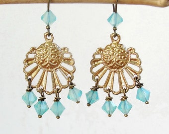 Oriental Mint Earrings Crystals and Metal Statement Earrings