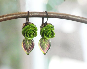Moss Green Rose Earrings - Resin and Glass