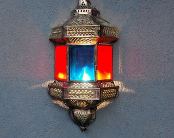 Vintage Moroccan Brass Wall Sconce: Colored Glass Bohemian Lantern