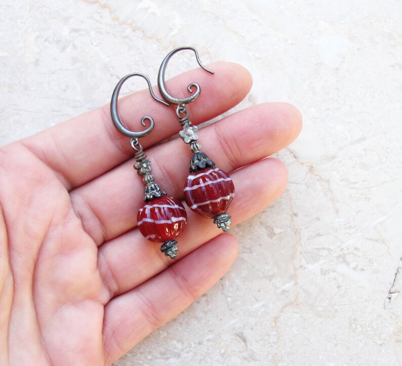 Deep Red Earrings Lampwork and Gunmetal image 5