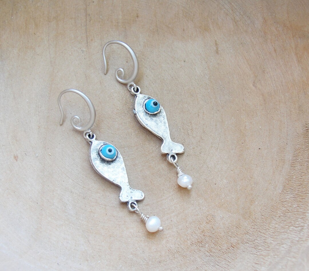 Evil Eye Earrings Fish and Pearl Pisces Jewelry - Etsy