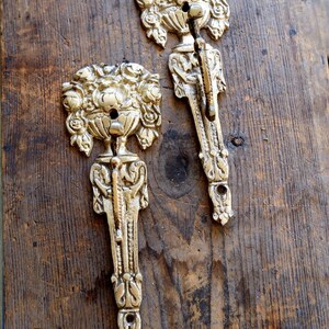 May include: Two antique brass door pulls with intricate floral and scroll detailing. The pulls are set against a weathered wooden background, highlighting their aged, golden appearance. The hardware is likely for a cabinet or door.