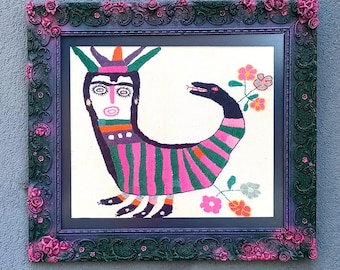 Vintage Sahmeran Embroidery Art: Turkish Snake Queen Framed Wall Decor