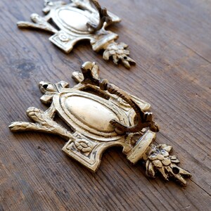 May include: Two antique brass wall hooks with ornate floral and scrollwork details. Each hook features an oval centre and a curved handle. The hooks are displayed on a rustic wooden surface.
