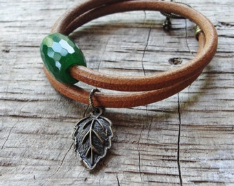 Leather Agate Bracelet, Green Rustic Gemstone Jewelry, Leather and Brass
