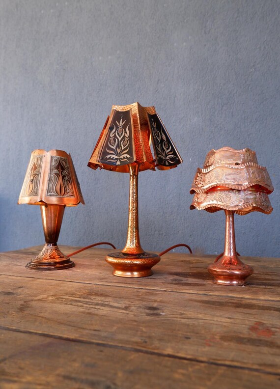 Handmade Copper Table Lamp: Bohemian Etched Lighting, 1970s Vintage Decor