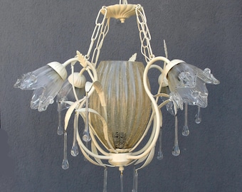 Glass Floral Chandelier: Vintage Cottage Chic Ceiling Light, 1970s