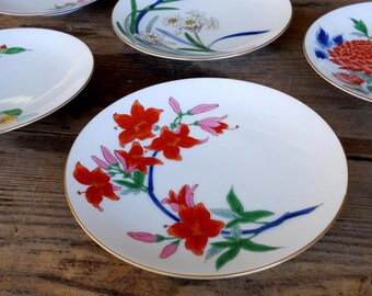 Vintage Ashibi Shozan Japanese Floral Plates: Flower of the Month, Set of 6