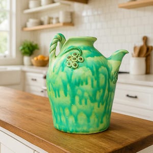 May include: A green ceramic pitcher with a twisted handle and a spout. The pitcher has a textured, dripped glaze effect and a decorative cluster of small, round embellishments. The pitcher is displayed on a wooden countertop in a kitchen setting.