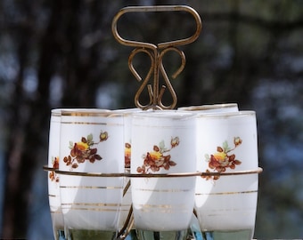 Vintage Floral Custard Glass Set with Rack: Turkish Handpainted 1940s