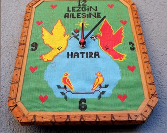 Vintage Beaded Birds Wall Clock: Turkish Handmade 1970s