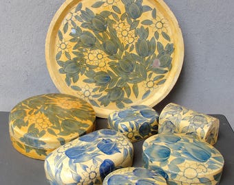 Delft Blue Floral Wooden Boxes with Tray: Vintage Trinket Set