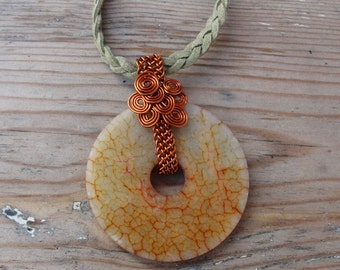 Leather Agate Necklace - Wire wrapped Rustic Gemstone Jewelry Leather