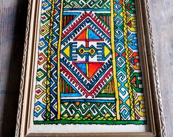 Vintage Wandbild Kelim Design, Vintage Holzrahmen 1970s Kunst