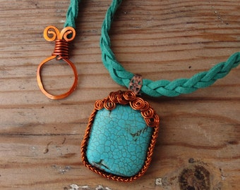 Leather Turquoise Necklace - Wire wrapped Rustic Gemstone Jewelry Leather