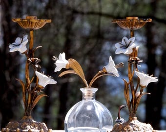 Vintage Victorian Candleholders with Porcelain Flowers, Boudoir Set French Brass Floral Candle Holders, 1930s