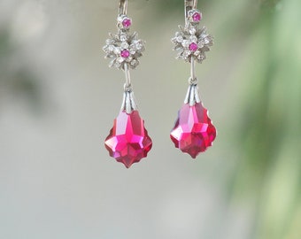Fuchsia Crystal Earrings - Rhinestones and Crystal in hot pink