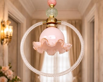 Pink Art Glass Pendant Light: Retro 1970s Brass Ceiling Lamp