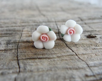 White Porcelain Earrings Floral Stud post Earrings