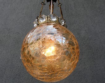 Vintage Glaskugel Kronleuchter - Messing Kolonial Deckenlampe 1950er Jahre