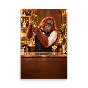 May include: An orangutan wearing a white button-down shirt, a black waistcoat, and a black bow tie stands behind a wooden bar counter. The orangutan is holding a metallic cocktail shaker with both hands, preparing a drink in a professional bar setting.