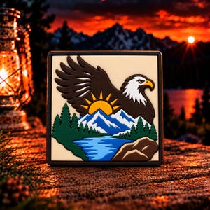 May include: A square patch featuring a graphic illustration of a bald eagle in flight above a yellow sun, blue mountain peaks, a green forest, and a blue river. The design is rendered in raised, multi-coloured rubberised material on a cream background.