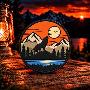 Howling Wolf PVC Patch, Mountain Wilderness Patch, Outdoor Adventure Morale Patch, 3 Inch Hook and Loop Backpack Hat Patch